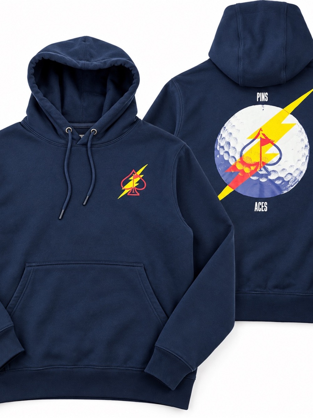 Pins & Aces Golf Hoodie Men’s Large Navy Blue Pullover Lightning Golf Ball Heavy